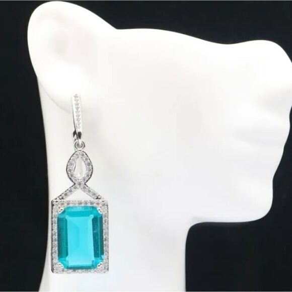 STERLING SILVER AQUAMARINE RECTANGLE DIAMOND EARRINGS - Picture 2 of 3